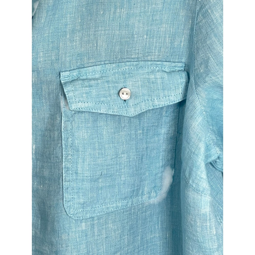 Talbots Womens XLP Blue Linen Roll Tab Sleeve Split Neck Button Tunic Top - Picture 10 of 14